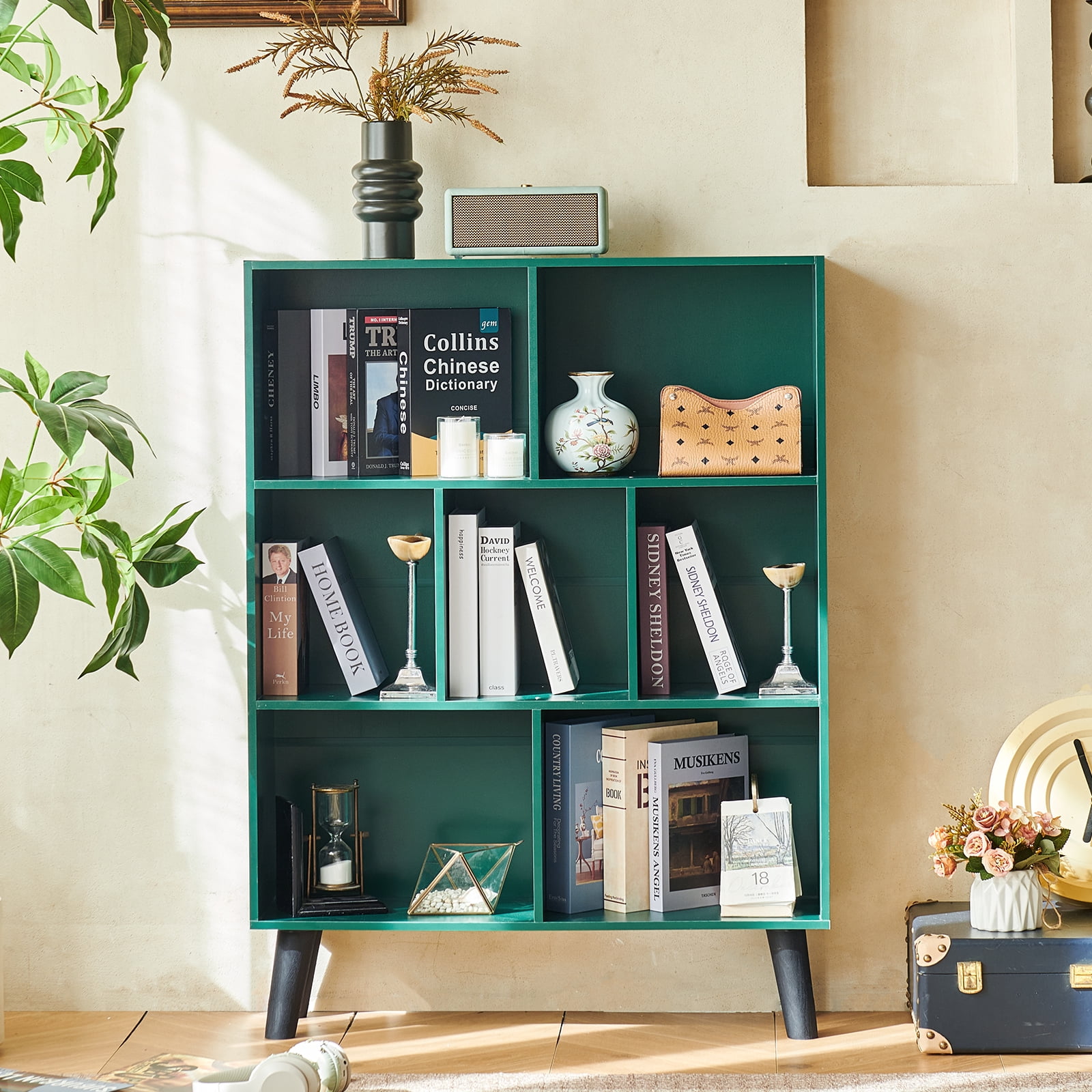 7-Cube 3-Tier Mid-Century Dark Green Bookcase with Legs, Retro Wood Storage Organizer, Freestanding Open Shelves for Bedroom, Living Room, Office