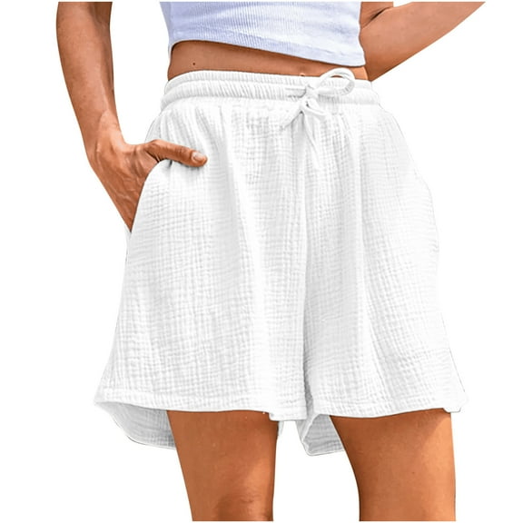 Inleife Womens Solid Color Elastic Waist Drawstring Shorts Cotton Linen Shorts with Pocket White S