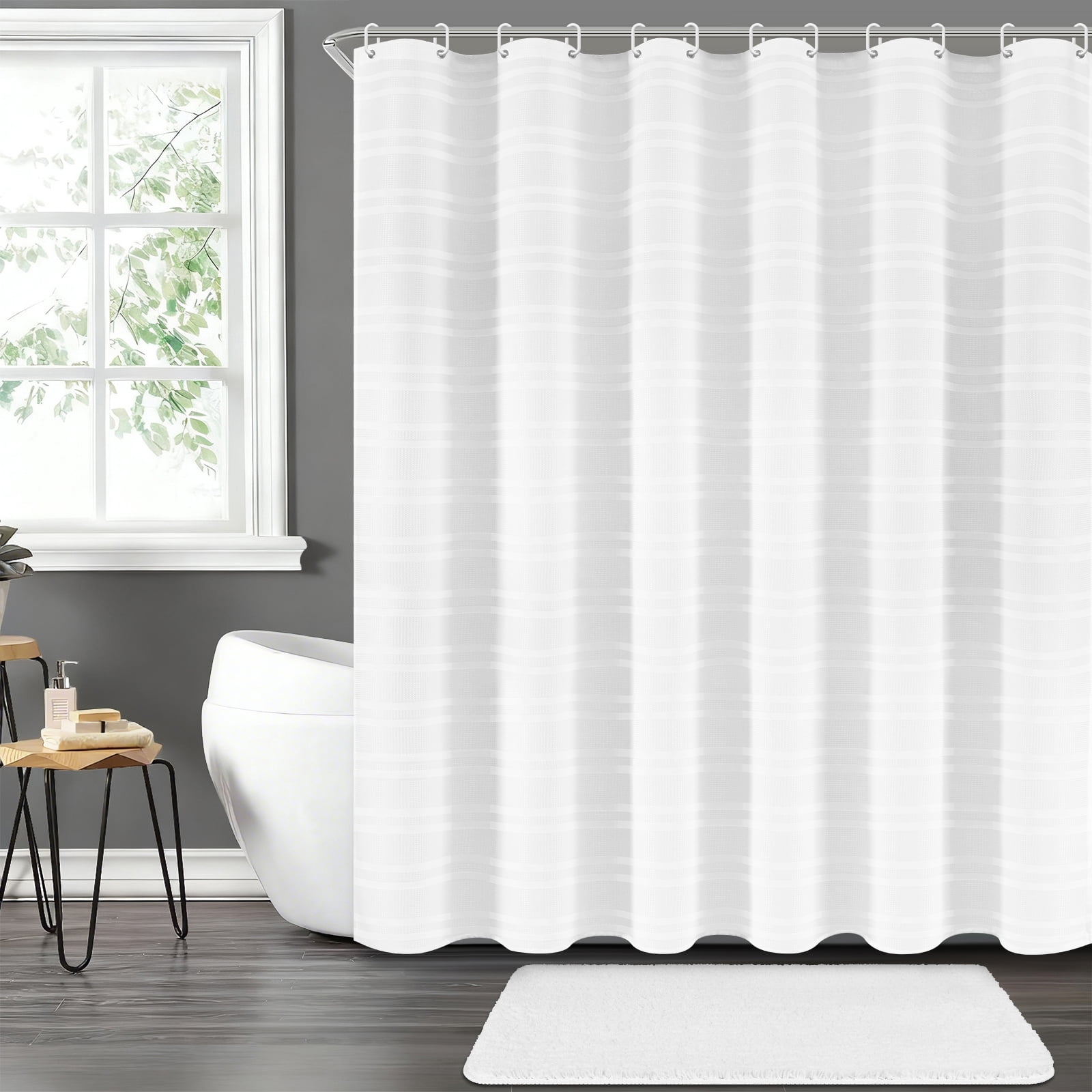 FRAMICS Waffle Weave Shower Curtain Sets with Rug, 14-Piece Striped Bathroom Sets with Hooks, Heavy-Duty Waterproof Fabric, Hotel Grade, White, 71.3" x 71.3"
