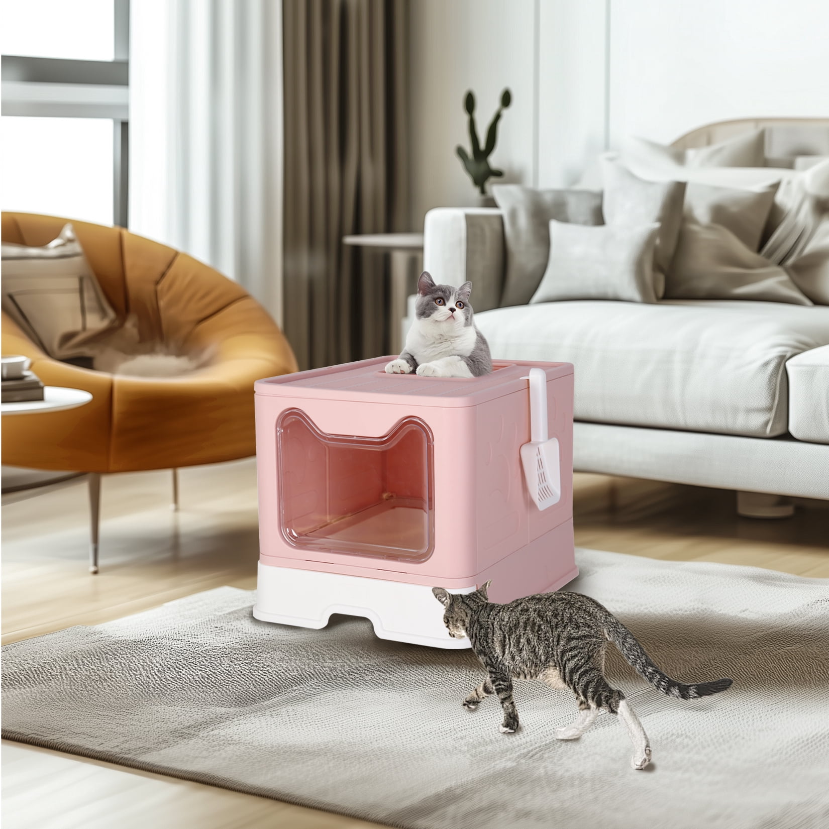 BingoPaw Cat Litter Box Pet Litter Boxes Toilet with Scoop Drawer Portable Foldable Pink