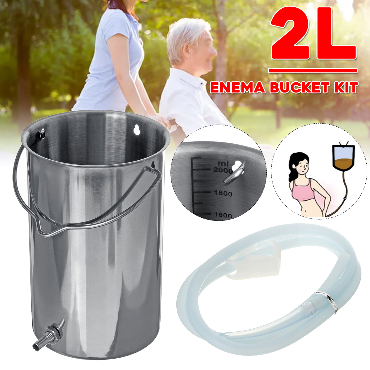 2L Stainless Steel Enema Bucket Tools Kit Douche Tube Reusable Detox