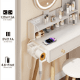 thumbnail image 4 of Vanity Desk with Cushioned Stool, Modern Makeup Bedside Table with LED Lights Mirror and 2 AC Power + 2 USB Socket, Dressing Table with Storage Organizers for Women Girls, 4 of 8