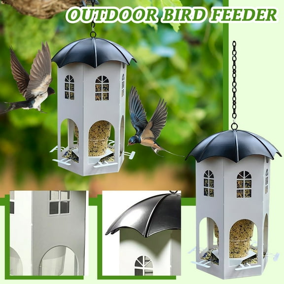 Metal Bird Feeder for Outdoor Hanging Wild Bird Feeders with Circular Perch Easy to Clean & Refill Large Seed Capacity Bird Feeders for Outdoors Hanging 9" White Castle Bird Feeder Outdoor Garden