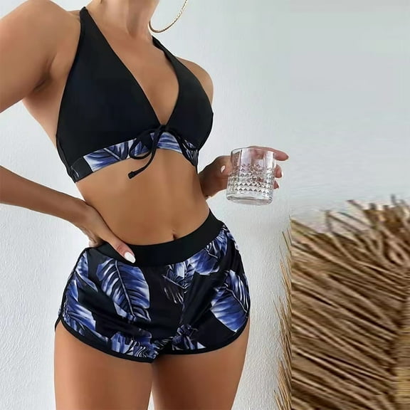 pstuiky Bikini Set, Women Solid Color Bikini Strap V Neck Split Swimsuit Set Three Piece Swimsuit for Beach Pool Vacation Summer Swimwear Plus Size Options Swimwear for Women 2025 Clearance Purple 8