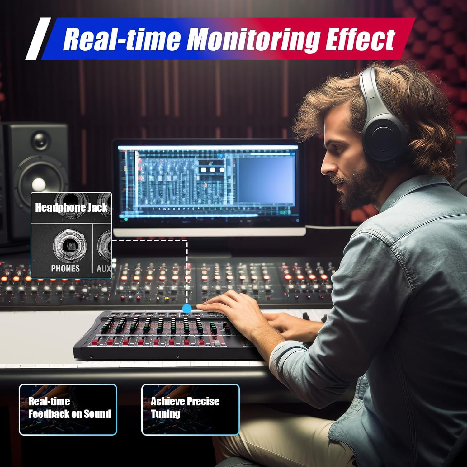 Professional Audio Mixer Board 8 Channel DJ Mixer Studio Equipment, Bluetooth DJ Mixer with 48V Phantom Power, Sound Mixing Console USB Digtal Mic for Karaoke Podcasting