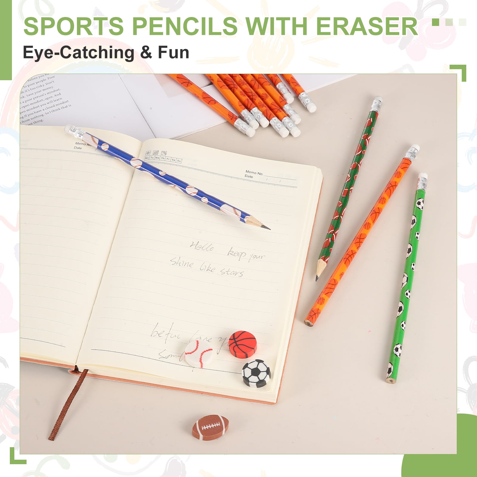 Uxcell Sports Pencils with Eraser, 36 Pcs Fun Cute Wooden Pencils 36 Pcs Sport Ball Erasers Football/Basketball/Rugby Theme for Party Favors Classroom Reward
