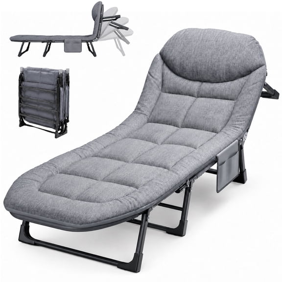 6‑Level Outdoor Reclining Foldable Camping Cot with Thick Cushion, Gray