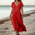 thumbnail image 2 of OSOLU Solid Color Linen Dresses For Women Flowy V-Neck Short Sleeve Maxi Dress Lightweight Summer Beach Vacation Dresses Breathable Hawaiian Flowy Sundress, 2 of 6