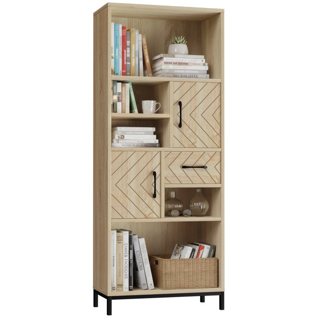 HOMCOM Wooden Bookcase W/ Door Cabinets, Drawer, Freestanding Display Shelf