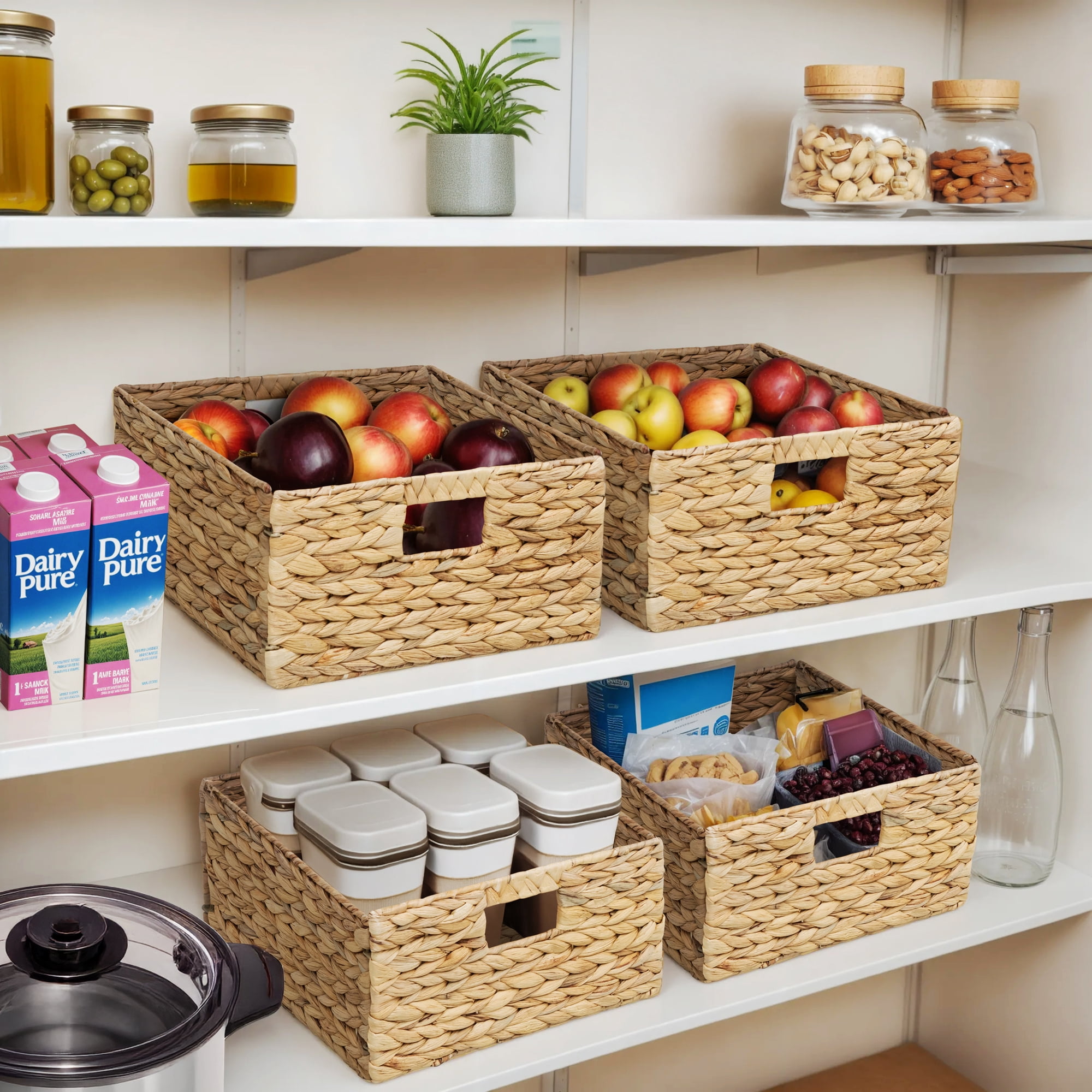 eHemco Large Square Woven Hyacinth Wicker Pantry Storage Baskets with Iron Wire Frame, 12"x12"x6", Natural, Set of 6
