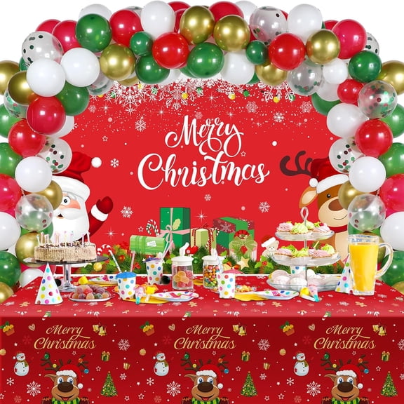 Christmas Party Decorations Set Includes Christmas Santa Claus Snowflakes Backdrop Table Covers Multi Color Balloons Foil Santa Claus and Deer Balloons for Xmas Party Supplies Favors (Classic Style)