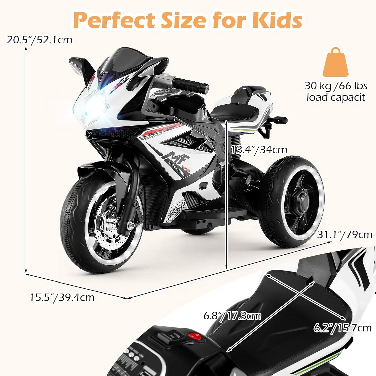 OLAKIDS 6V Kids Motorcycle with Forward & Reverse Switch, Headlight, Wheel Lights, Horn, Music, USB Port, 3-Wheel Ride on Toy for Toddler Aged 3+