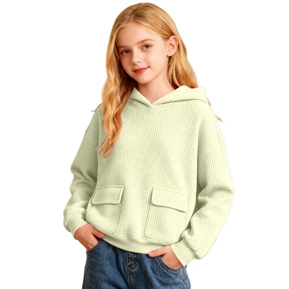 YunPes Girls Waffle Knit Hoodie Soft Breathable Trendy Sweatshirt Solid Textured Pullover with Flap Pocket School & Fall Daily Wear