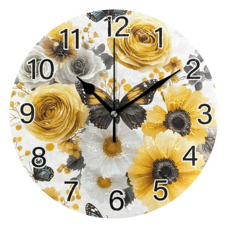 Ryvnso Butterfly on Yellow Flower Wall Clock Non Ticking Silent Kitchen Clock Battery Operated Clocks 10 inch