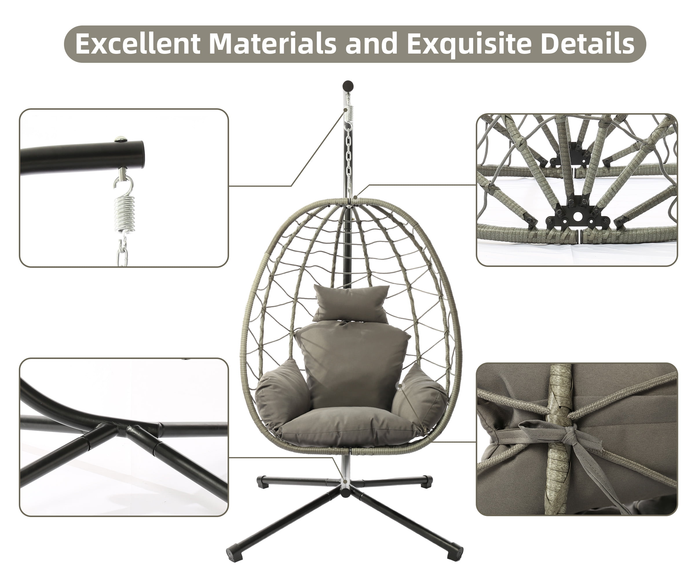 LHBcraft Indoor/Outdoor Wicker Swing Egg Chair Hammock Hanging Chair Nest Basket with Stand, UV Resistant Removable & Washable Cushions,350LB Capacity for Bedroom, Balcony, Garden and Poolside (Grey)