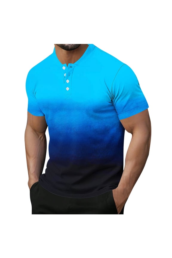 Mens Gradient Short Sleeve Henley Shirts Color Block Band Collar Button Down Pique Jersey Tops Summer Beach Vacation Athletic Shirts Father's Day Gift