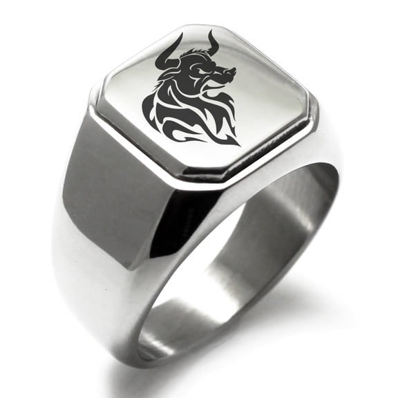 Stainless Steel Gargantuan Minotaur Engraved Square Flat Top Biker Style Polished Ring