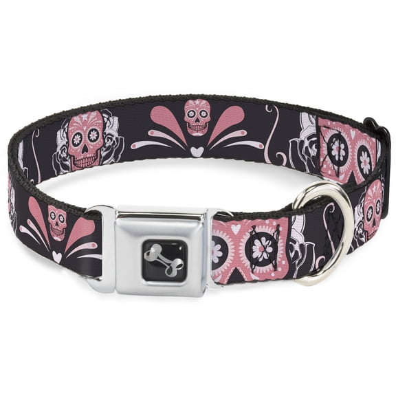 Buckle-Down Pet Collar, Dog Collar Metal Seatbelt Buckle, Sugar Skulls Gray Pink, 9.5 to 13 Inches 1.0 Inch Wide