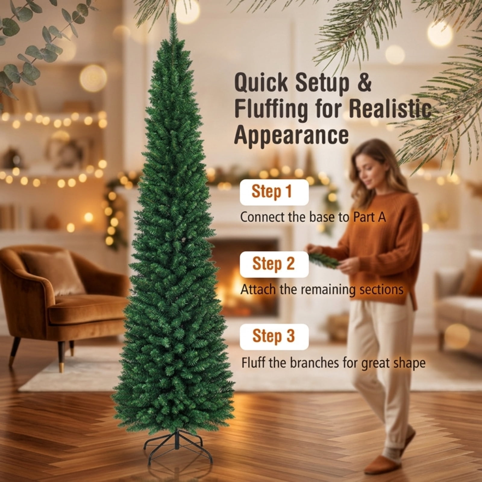 RUIE, 9 ft, Artificial Christmas Tree, with Metal Stand, 1500 Branch Tips, Green Holiday Xmas Tree for Indoor Home Office Decoration