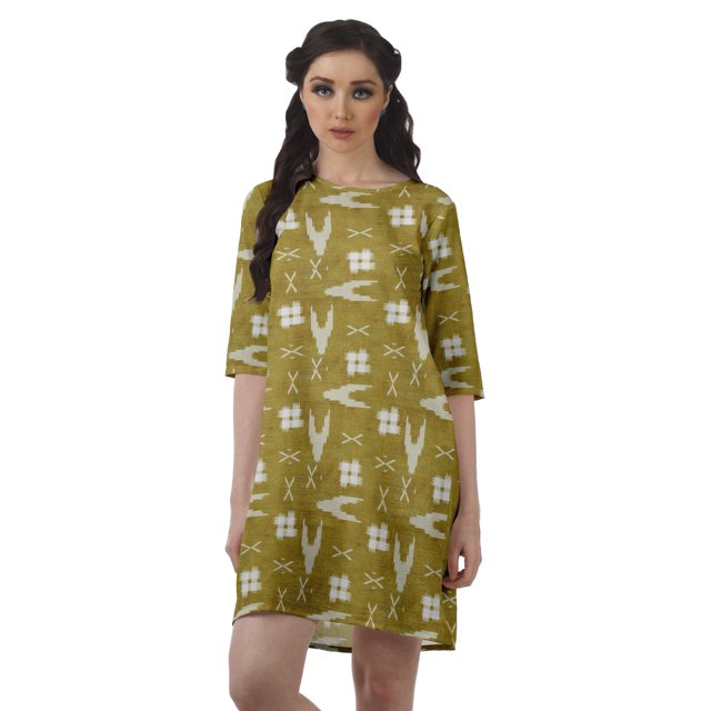 Moomaya Robe d'Hiver Imprimée à Manches 3/4 pour Femmes, Col Rond, Courte, Évasée
