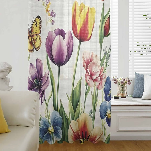 Spring Floral Semi Sheer Curtains Drapes for Living Room, Bedroom, French Doors Window 72 Inches Long, Tulip Butterfly Summer Elegant Botanical Rod Pocket Chiffon Curtain Drapery Voile Drape Panel