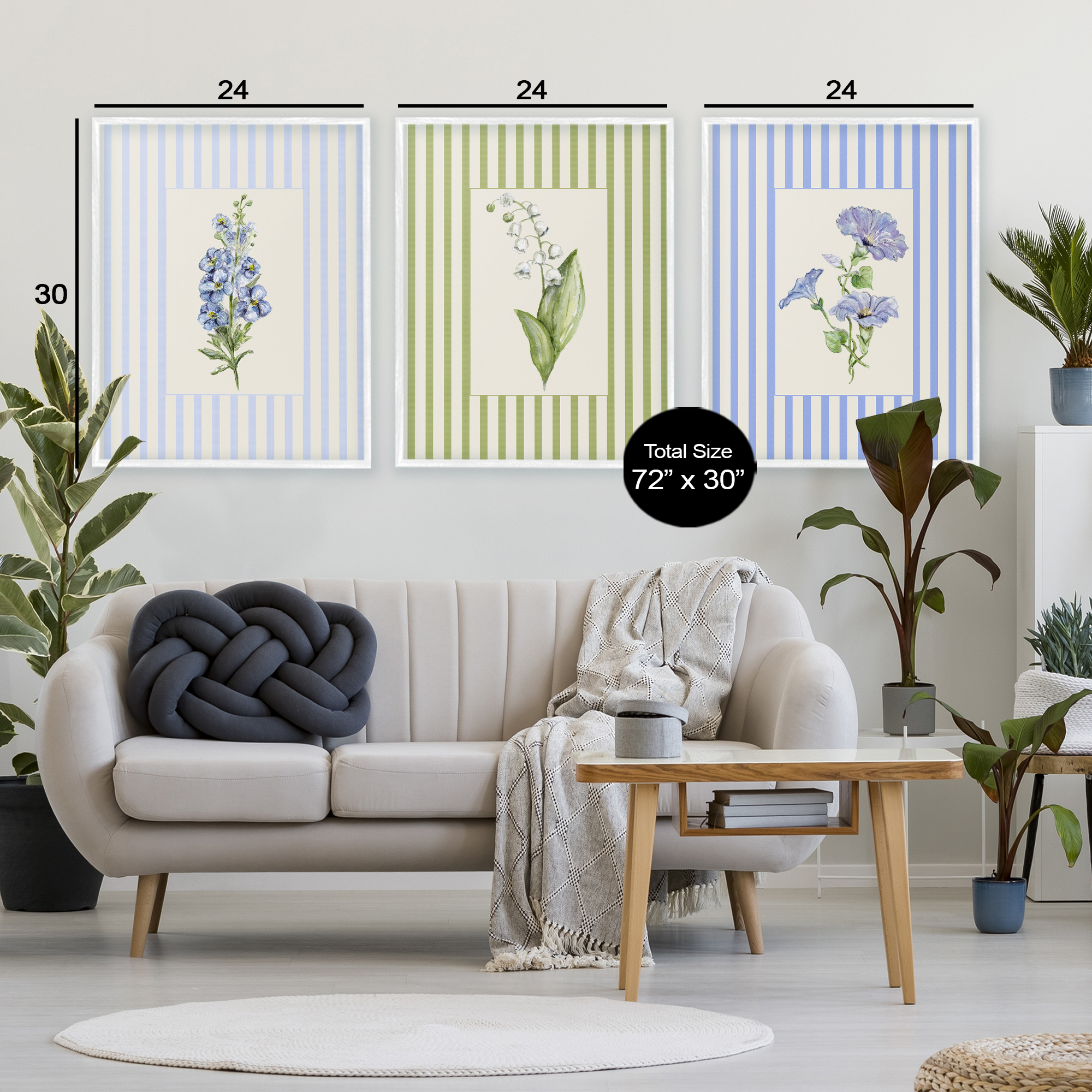 Soft Stripe Cottage Blooms 3 Piece White Framed Giclee Art Set, design by Lisa Wehmeyer