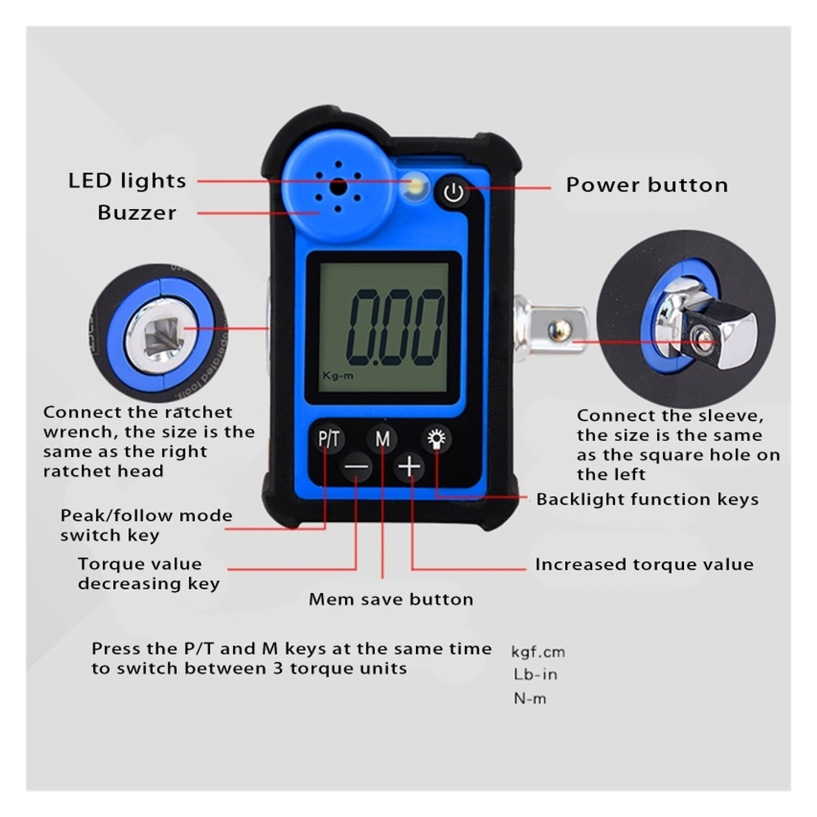 Digital Torque Wrench Adapter 6.8-340NM 3/8 1/2DR Torque Spanner Tools Electronic Digital Torque Meter ,Multifunctional