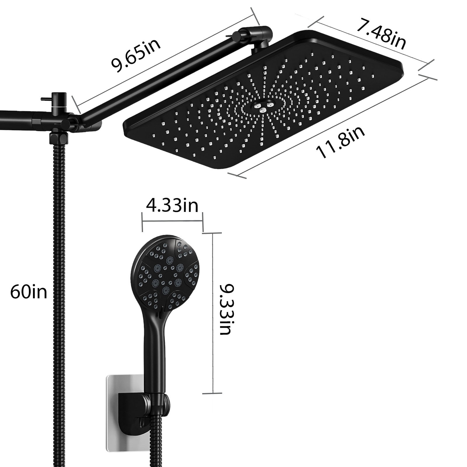 IUSU 12 inch Rain Shower Head, 8-Setting High Pressure Shower Head with Handheld and Hose Black