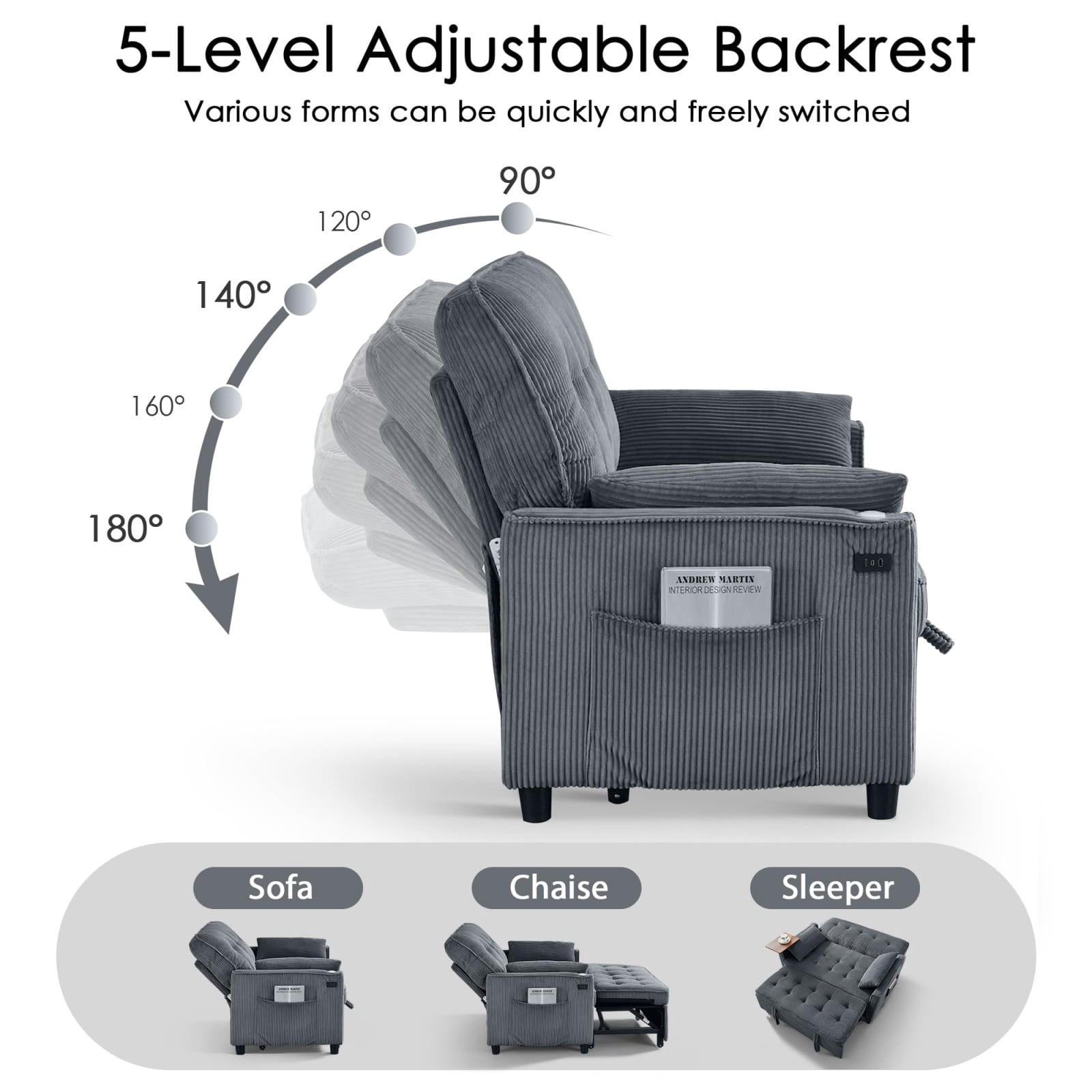 54" Sleeper Sofa Bed, Convertible Pull Out Couch Futon with Side Table, USB Charging Port, Corduroy Fabric, Adjustable Backrest Sofa Bed for Apartment Office, Dark Gray
