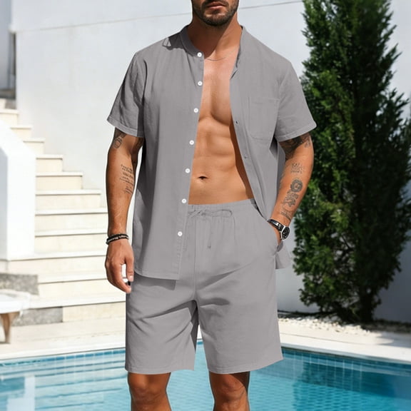 Ceisia Mens 2 Piece Linen Blend Mandarin Collar Short Sleeve Shirt and Drawstring Shorts Set Casual Summer Outfit for Men Beach Gray S Gifts for Father