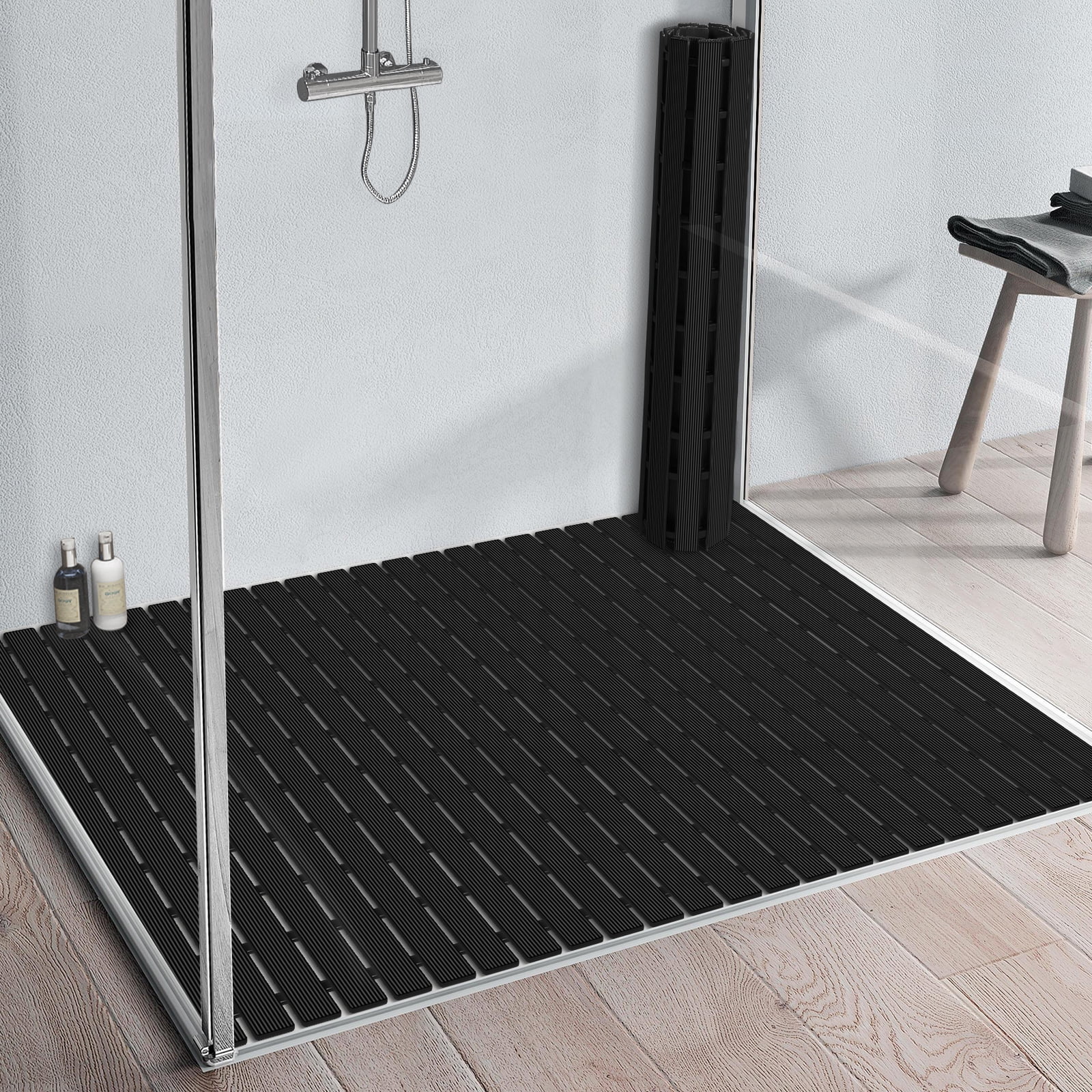 Yolife Extra Large PVC Shower Mat, 35.4x24 inch Non-Slip Bath Mat with Quick Drain, No Suction Cups, Easy to Cut & Store for Tub, Stall, Spa,Black