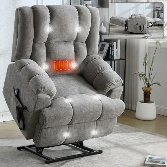Resenkos Dual Motor Power Lift Recliner, Massage & Heat, 350lb Capacity, Easy Assembly, Chenille, Light Gray
