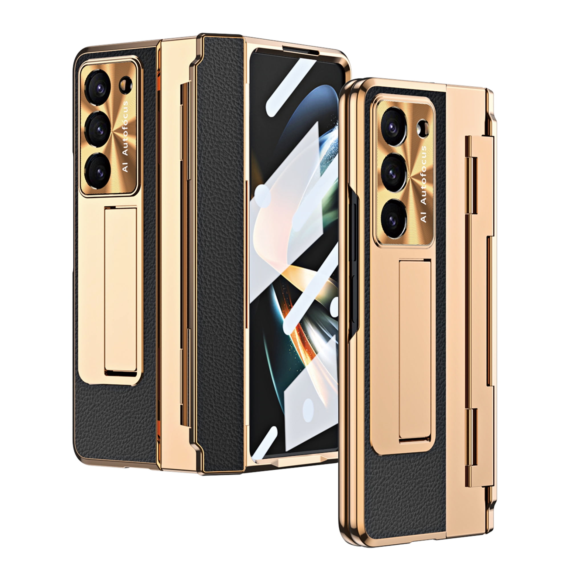 Allytech Galaxy Z Fold4 Case with Screen Protector, Kickstand Rugged Protective Shockproof Anti-Scratch Hinge Protection Phone Case for Samsung Galaxy Z Fold 4 - Black+Gold