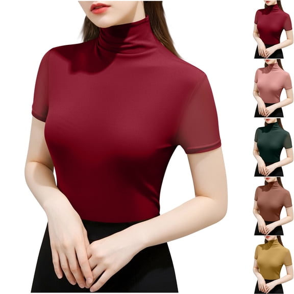 XPMWRP Women's Mock Turtleneck Top Fashion Short Sleeve Lightweight T-Shirt Casual Solid Stretch Fitted Tees Yellow XXXL