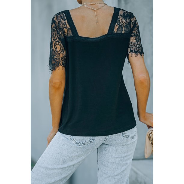 ABPHQTO Camiseta con escote en V profundo de encaje lateral dulce negro para mujer