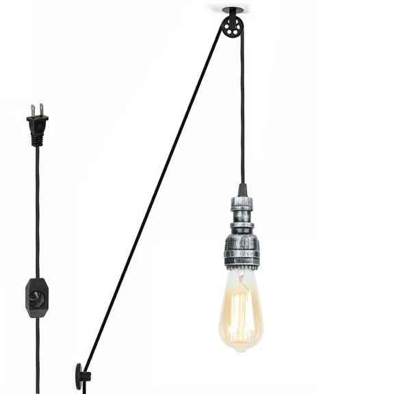 Kiven Plug in Industrial Pendant Light, Pulley Hanging Light 15FT Plug-in Cord and Dimmer Switch, Steampunk Ceiling Pendant Light for Bedside Hallway Foyer Kitchen,Silvery Finish
