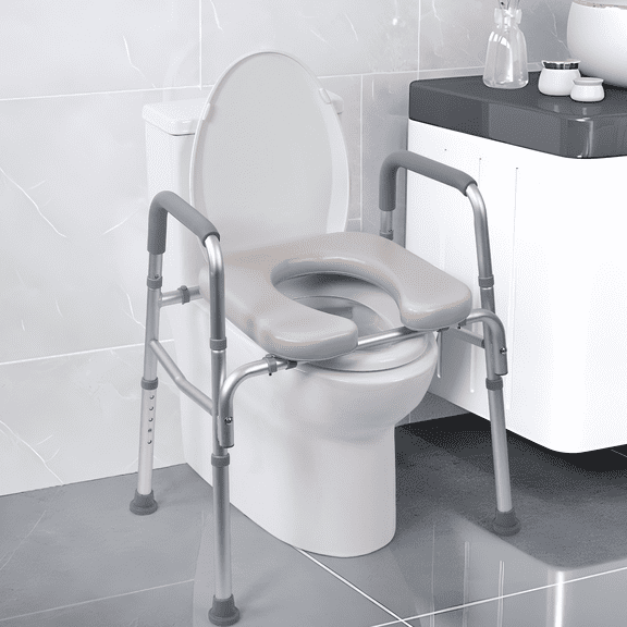 Raised Toilet Seat with Handles, Toilet Seat Riser and Bathroom Assist Frame for Seniors and Pregnant with Soft Padded Supports Up to 350lbs