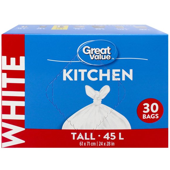 Great Value Tall Kitchen Garbage Bags, 45L , 30bags