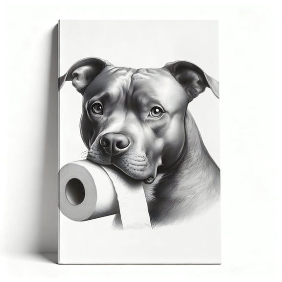 Pit Bull With Toilet Paper Canvas Wall Art, Humorous Bathroom Decor, Cute Dog Sketch Artwork For Bathroom, Living Room, Office, Ready To Hang 8*12inch(20*30cm)