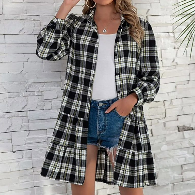 Plaid Dress For Women Button Down Shirts Dresses Pocketed Women's Christmas Plaid  Dress Long Sleeve Button Down Mini Shirtdress Clearance Black S -  Walmart.com