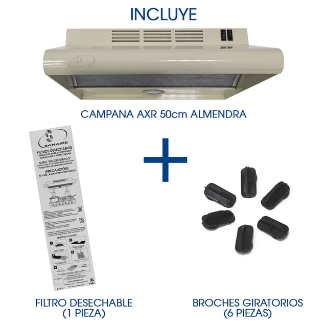COMBO CAMPANA AXR 50CM SANAIRE con FILTRO atrapagrasa extra y BOLSITA de broches de repuesto