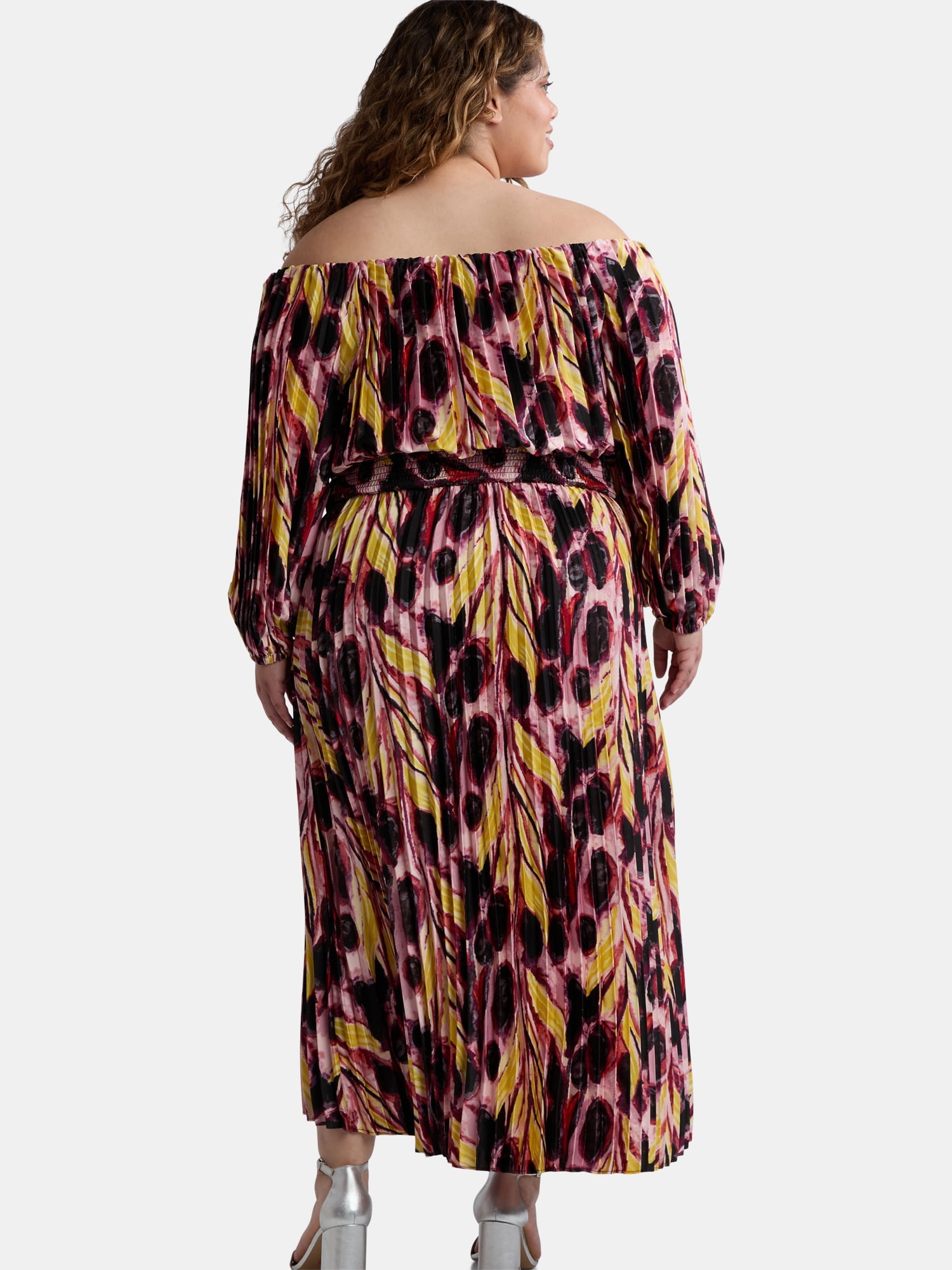 Terra & Sky Black Label Women's Plus Size Pleated Off the Shoulder Midi Dress, 0X-5X