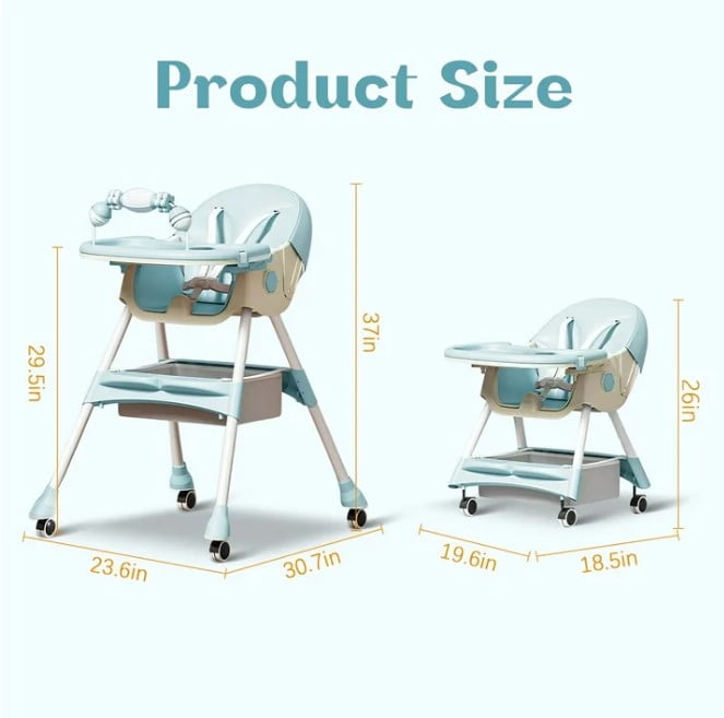 LHUAI, Foldable Baby High Chair, 4 in 1 Convertible High Chairs, With 5-Point Safety Harness, Adjustable Dining Tray & Backrest & Height, Easy To Clean Surface, For Babies And Toddlers, Light Blue