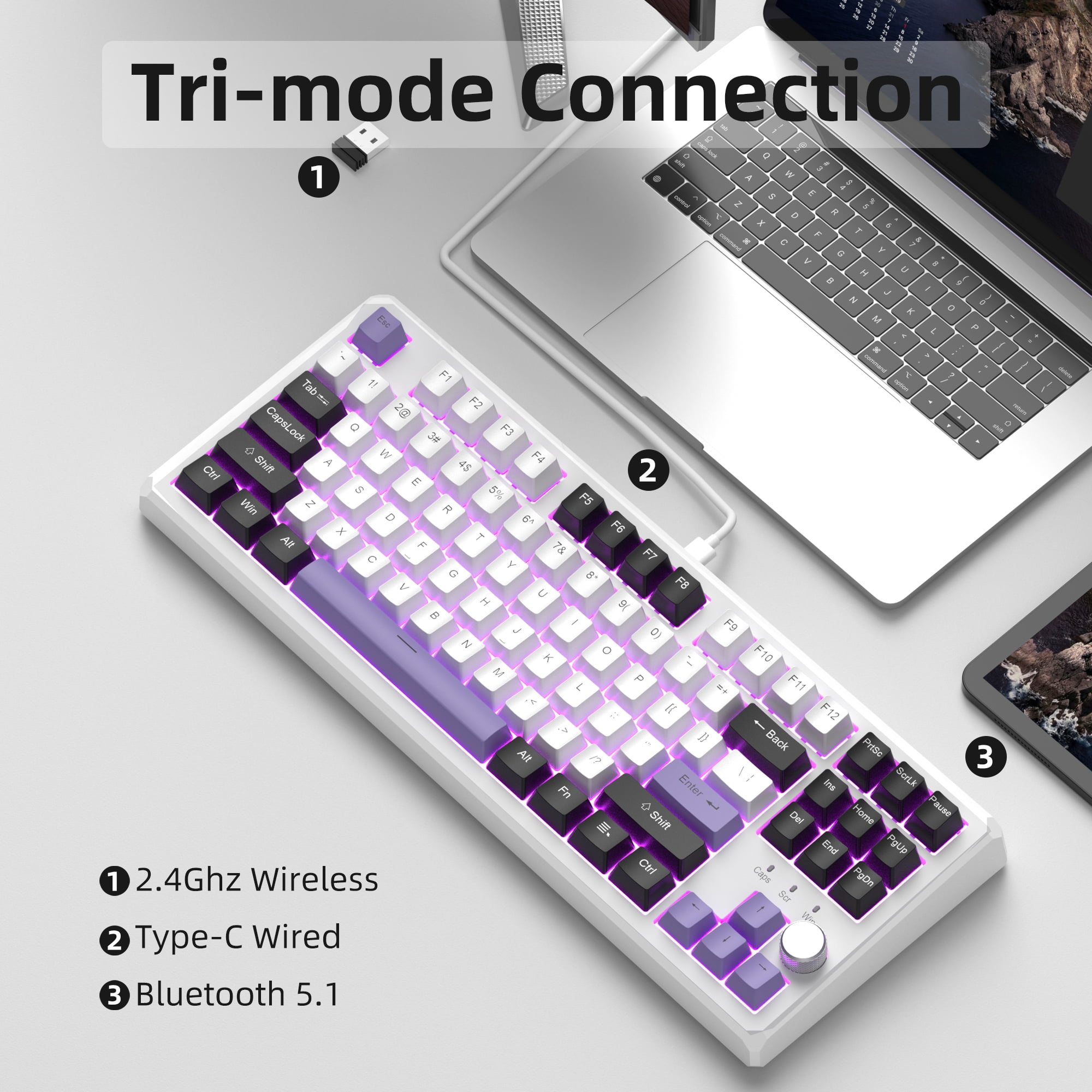 MageGee SKY87 Mechanical Wireless Keyboard Gasket 2.4G/USB/Bluetooth Rgb Pbt Side-Printed Hot Swap Custom Keyboard with Knob