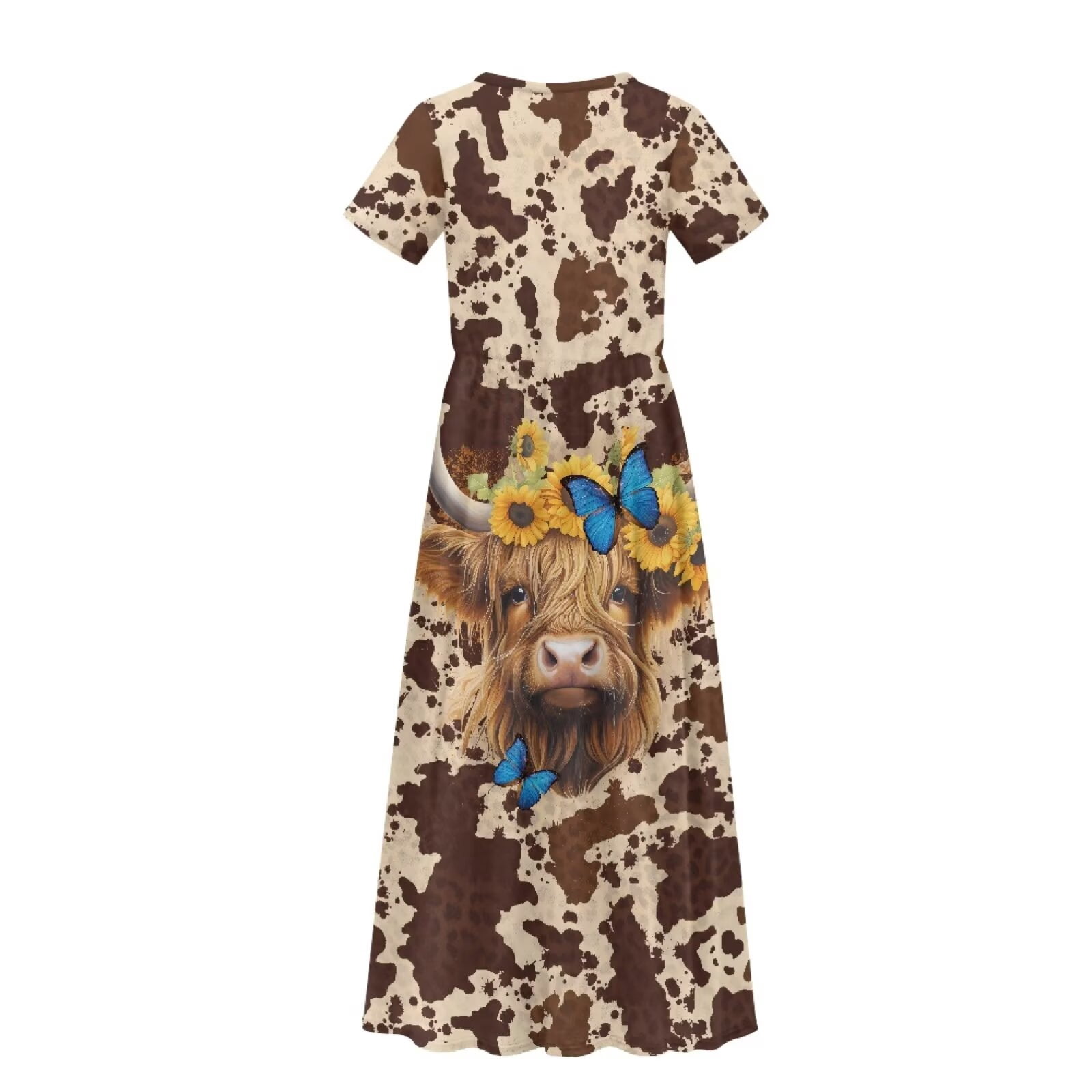 Uourmeti Brown Highland Cow Print Girls Summer Short Sleeve Dress Crew Neck Loose Casual Flowy Tiered Maxi Dress with Pockets Cute Clothes, Size 13-14 Years