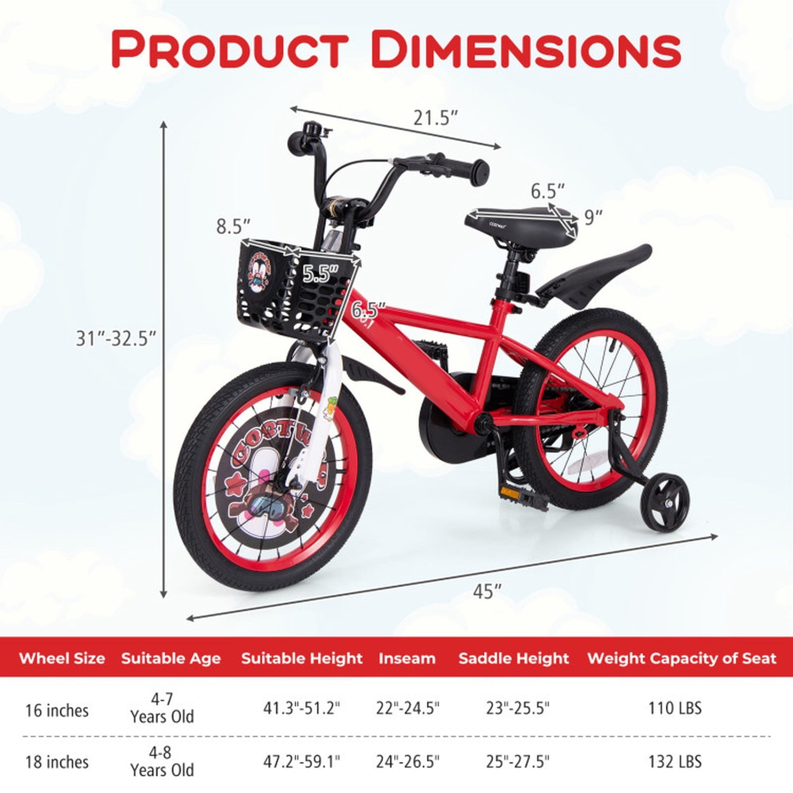 Redsmile Kids Bike 16 Inch with Training Wheels for Boys Girls Ages 4-8, Adjustable Kids Bicycle with Storage Basket, Double Handbrake and Coaster Brake, Carbon Steel Frame Youth Bike, Red