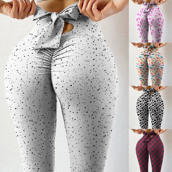 YUEHUA Women's High Waist Bow-Tie Yoga Leggings, Tummy Control Butt Lifting Printed Pants, Stretchy Compression Workout Tights with Waist Cutout