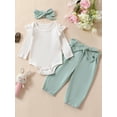 thumbnail image 2 of Bagilaanoe 3pcs Newborn Baby Girl Boy Pants Set Long Sleeve Romper Tops + Belted Trousers + Headband 3M 6M 9M 12M 18M Infant Casual Clothes, 2 of 9