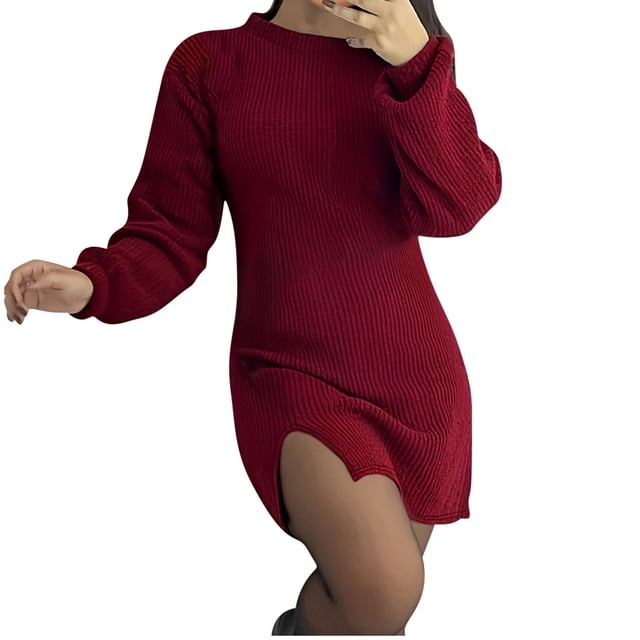 Lovzfmll Women's Fall Dress Solid Color Long Sleeve Slit Dress Red, XL