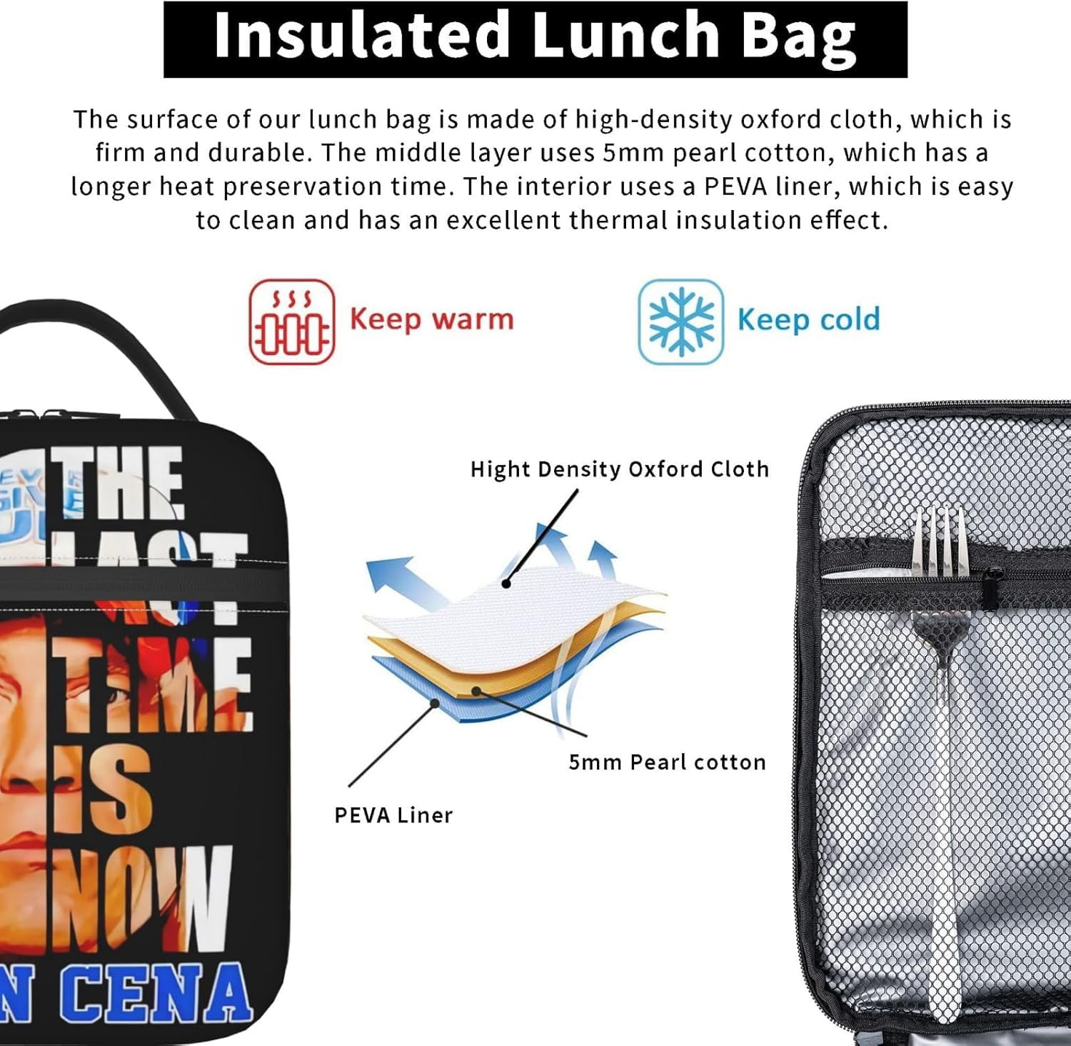 John Boxer Cena Lunch Bag Portable Insulated Lunch Box Large Capacity Tote Bag Zipper Net Pocket 10 L X 4 W X 8 H inches for School Work Camping Travel Black